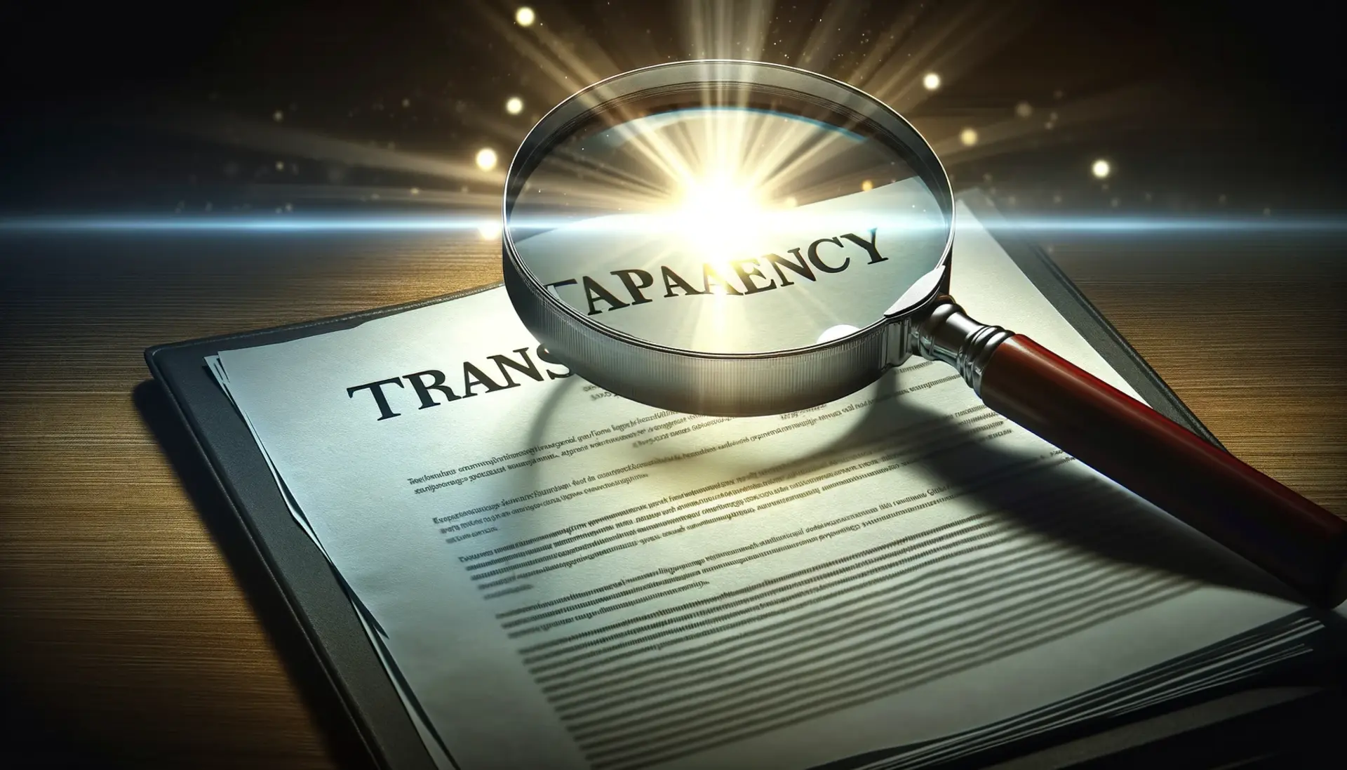 A magnifying glass over a document titled 'Transparency', with a bright light shining through it.