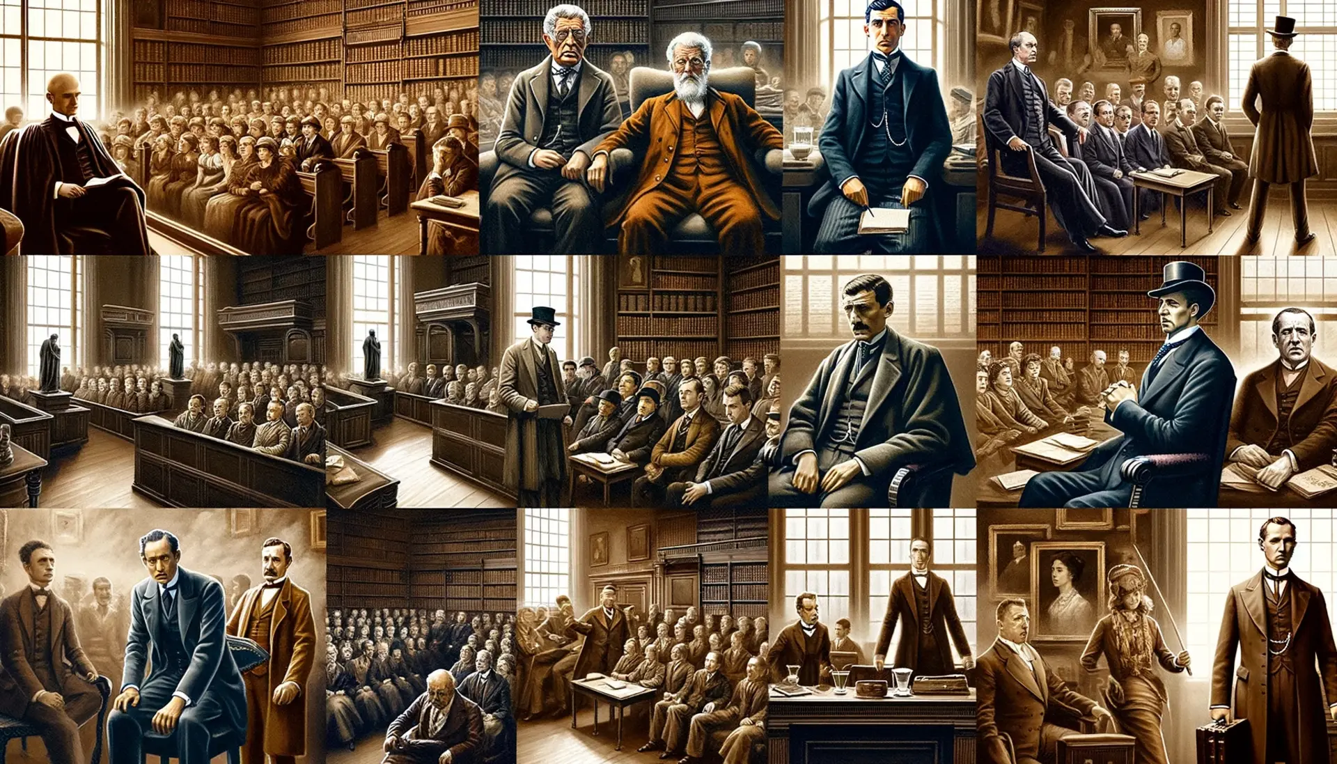 A collage of historical courtroom scenes representing different eras, showcasing witnesses under pressure.