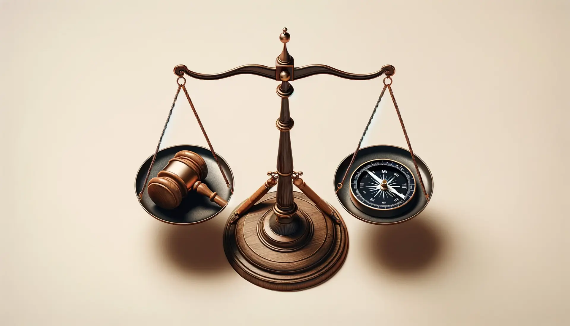 A scale with a gavel and a moral compass in balance
