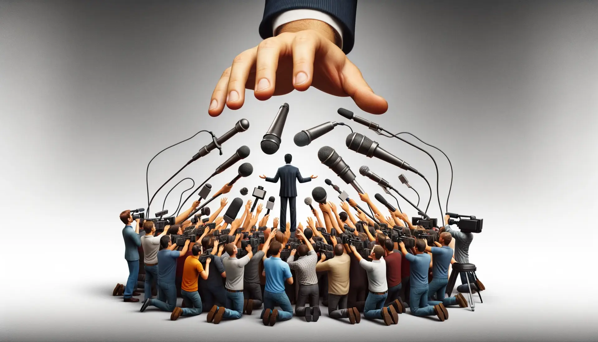 Person being swarmed by microphones and cameras while a large hand from above directs the scene, indicating media control.