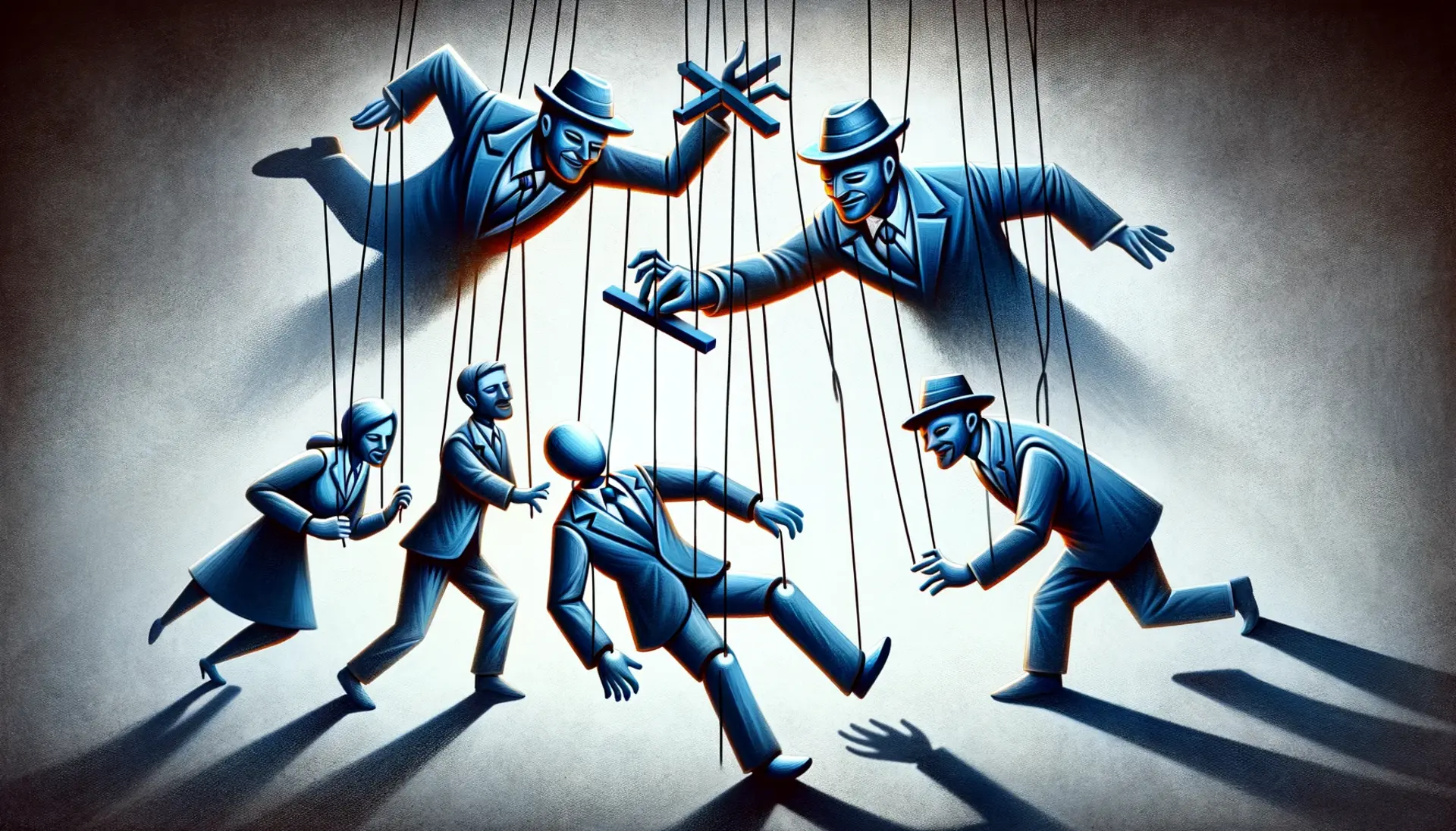 An abstract representation of political figures as puppeteers manipulating a witness represented as a marionette.