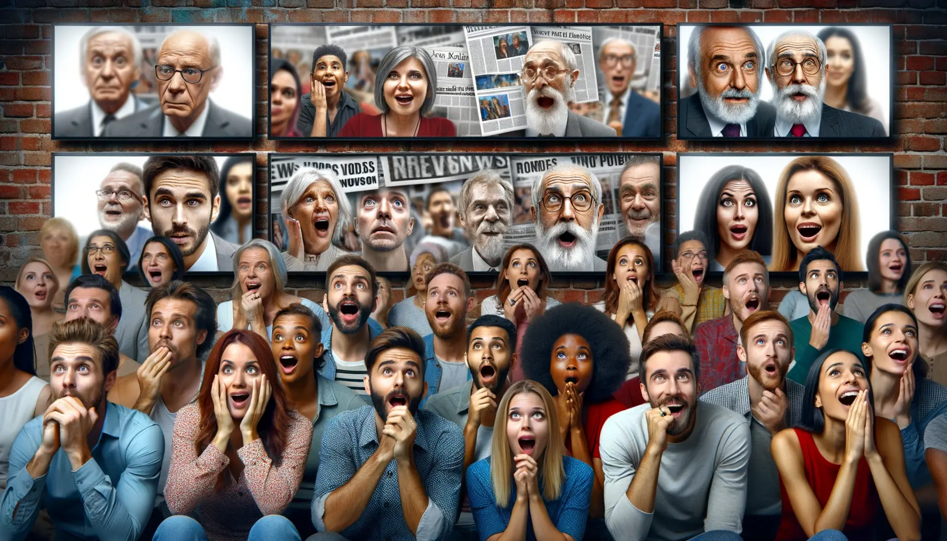 A diverse group of people looking at multiple TV screens displaying news, with different emotional reactions.