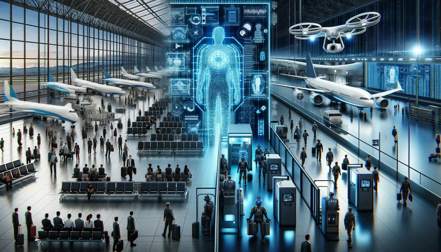 a futuristic split image with one side showing advanced airport security and the other showing high-tech border surveillance