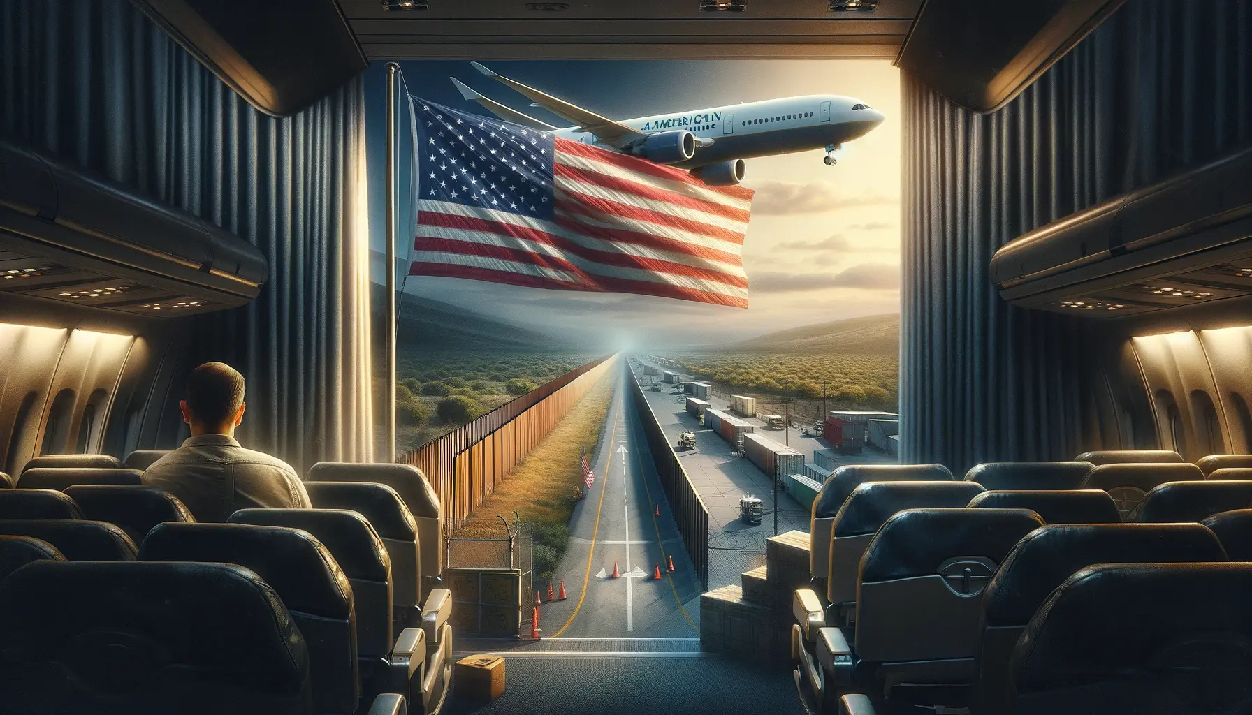 A contemplative image of the American flag flying above an empty airplane aisle and a quiet border, symbolizing ongoing security concerns.