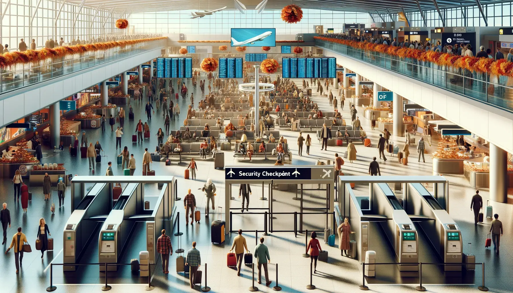 a busy airport terminal with crowds of passengers and an empty security checkpoint during Thanksgiving