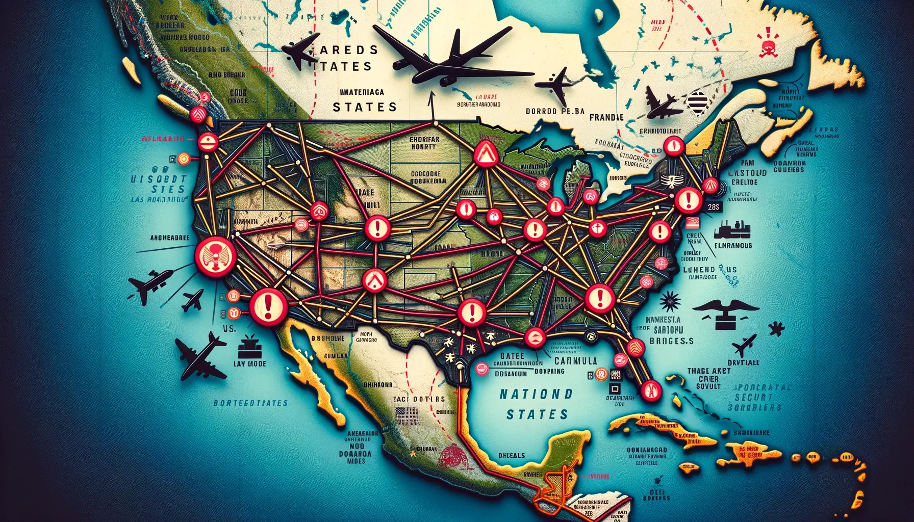 a map of the United States highlighting both air traffic and border crossings, with symbols for security threats.