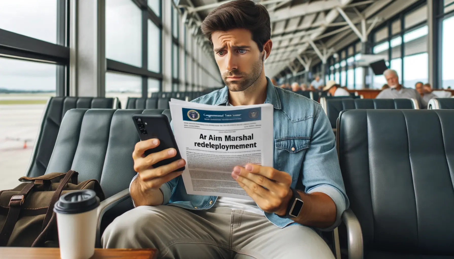 a concerned traveler reading a congressional letter while monitoring news
