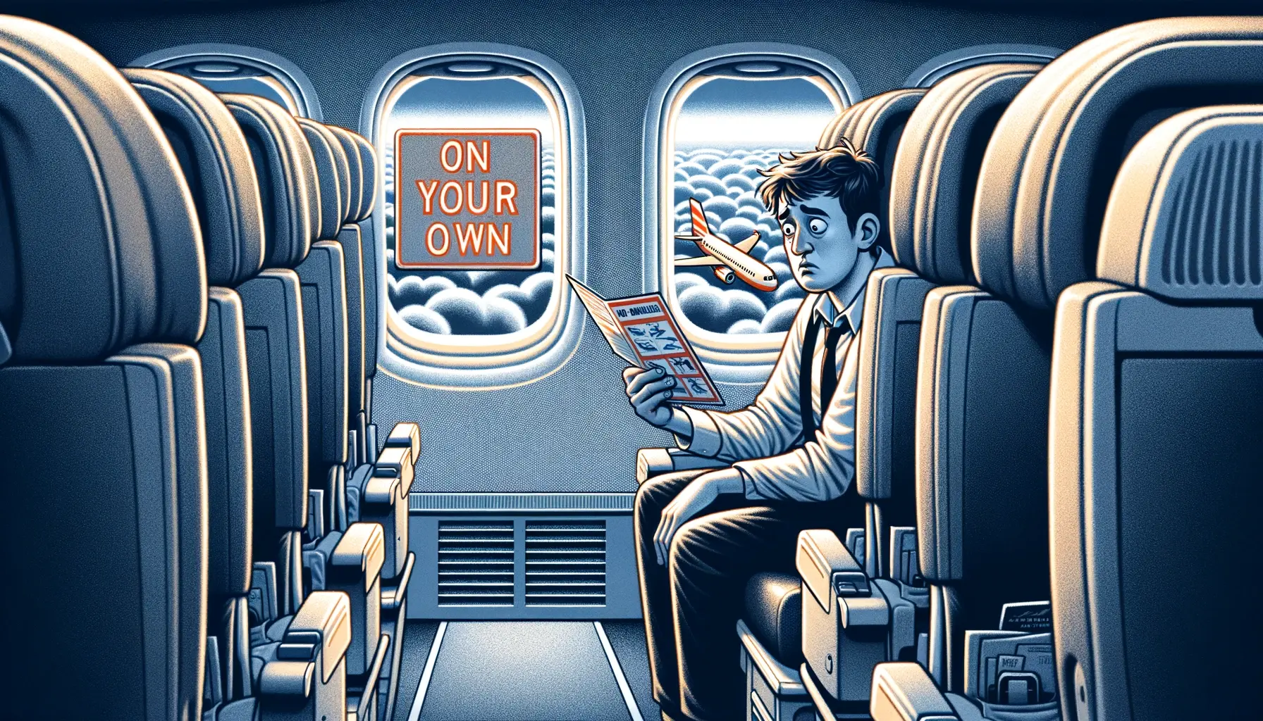 an anxious passenger looking at a flight safety card
